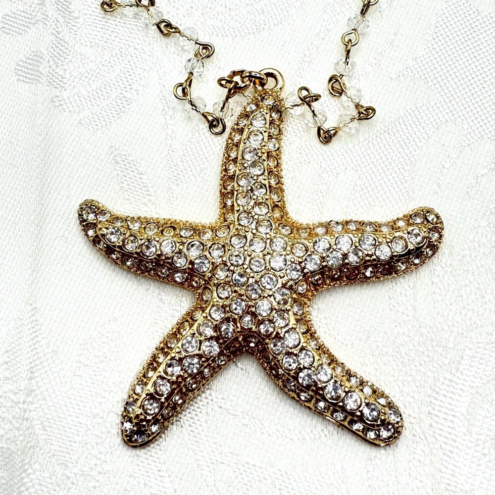 Vintage The Limited Gold Tone Starfish Beaded‎ 28" Long Necklace w/ Rhinestones